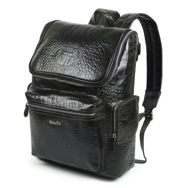 Crocodile Texture Leather Laptop Backpack - Dark Green