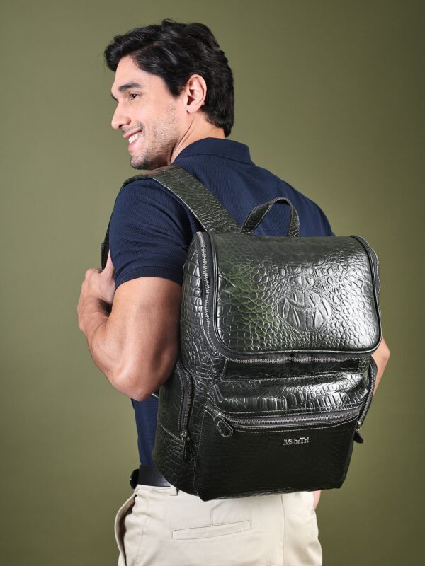 Crocodile Texture Leather Laptop Backpack - Dark Green