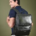 Crocodile Texture Leather Laptop Backpack - Dark Green