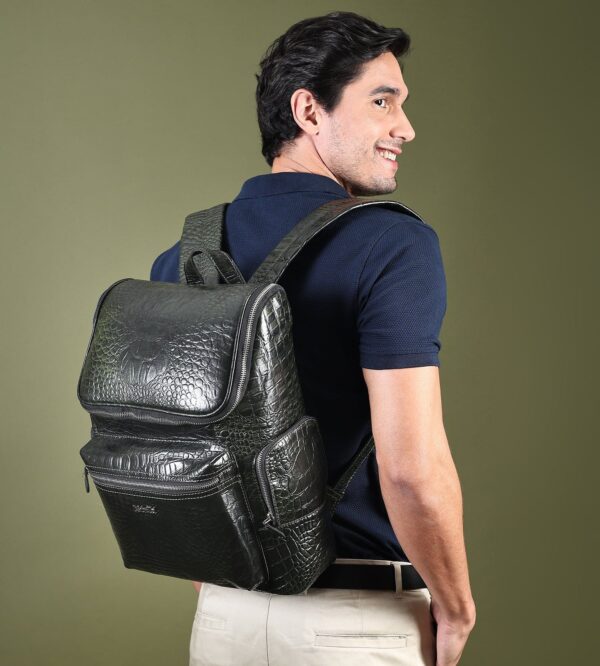 Crocodile Texture Leather Laptop Backpack - Dark Green