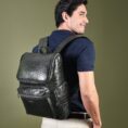 Crocodile Texture Leather Laptop Backpack - Dark Green