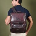 Regal Crocodile Texture Leather Laptop Backpack - Red