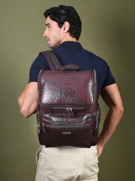 Regal Crocodile Texture Leather Laptop Backpack - Red
