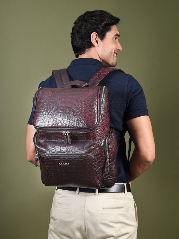 Regal Crocodile Texture Leather Laptop Backpack - Red