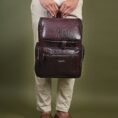 Regal Crocodile Texture Leather Laptop Backpack - Red