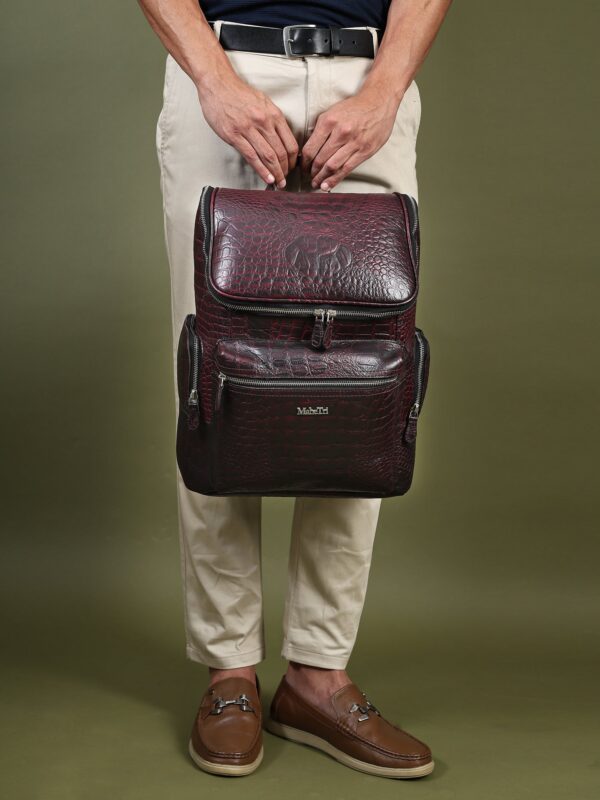 Regal Crocodile Texture Leather Laptop Backpack - Red