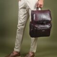 Regal Crocodile Texture Leather Laptop Backpack - Red