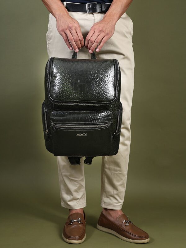 Crocodile Texture Leather Laptop Backpack - Dark Green