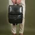 Crocodile Texture Leather Laptop Backpack - Dark Green