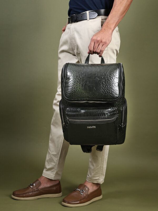 Crocodile Texture Leather Laptop Backpack - Dark Green